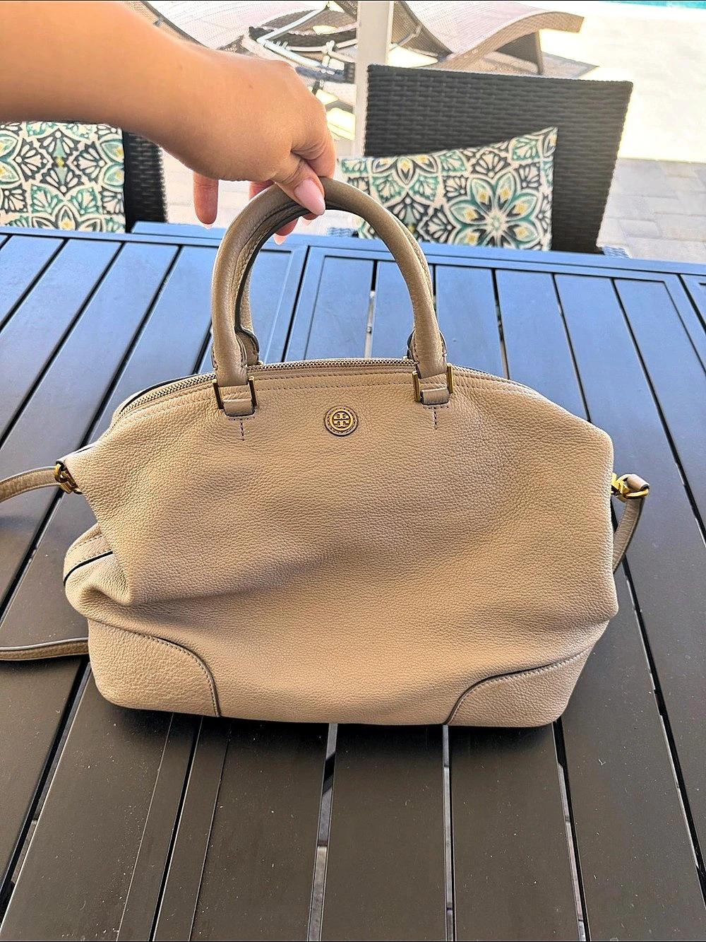 Tory Burch Leather Satchel in Beige